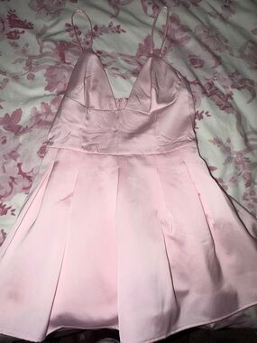White Fox Silky Light Pink Spaghetti Strap Skater Dress